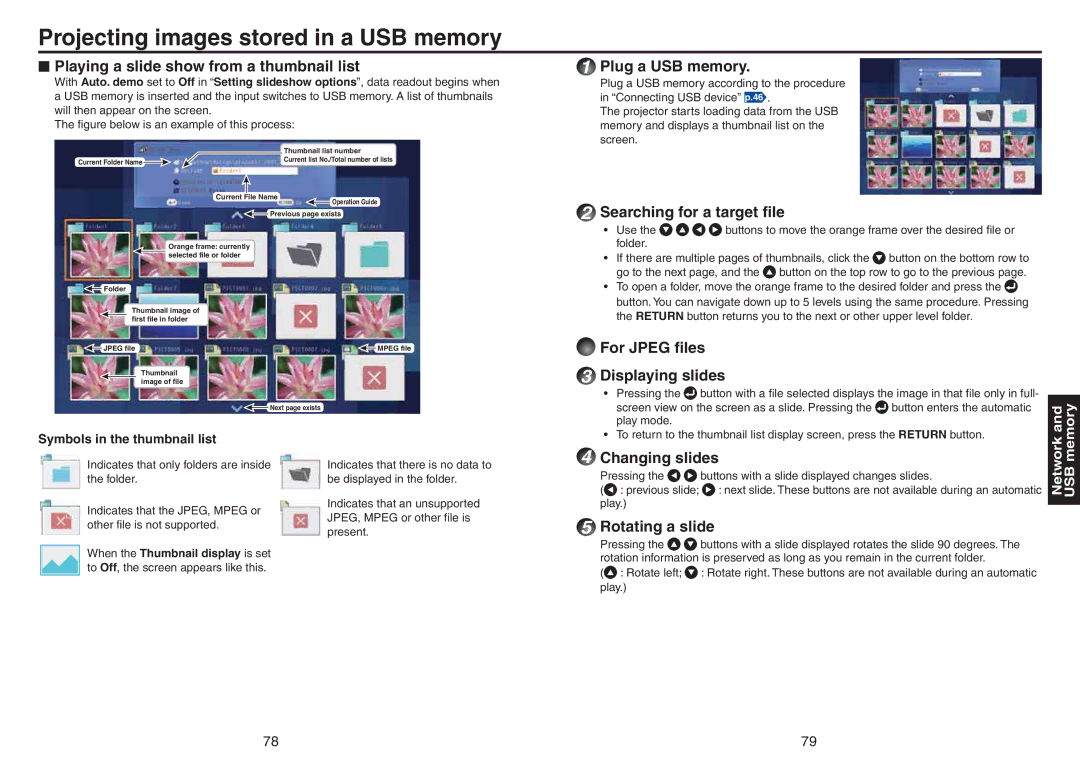 Toshiba TDP-TW420 owner manual Projecting images stored in a USB memory 