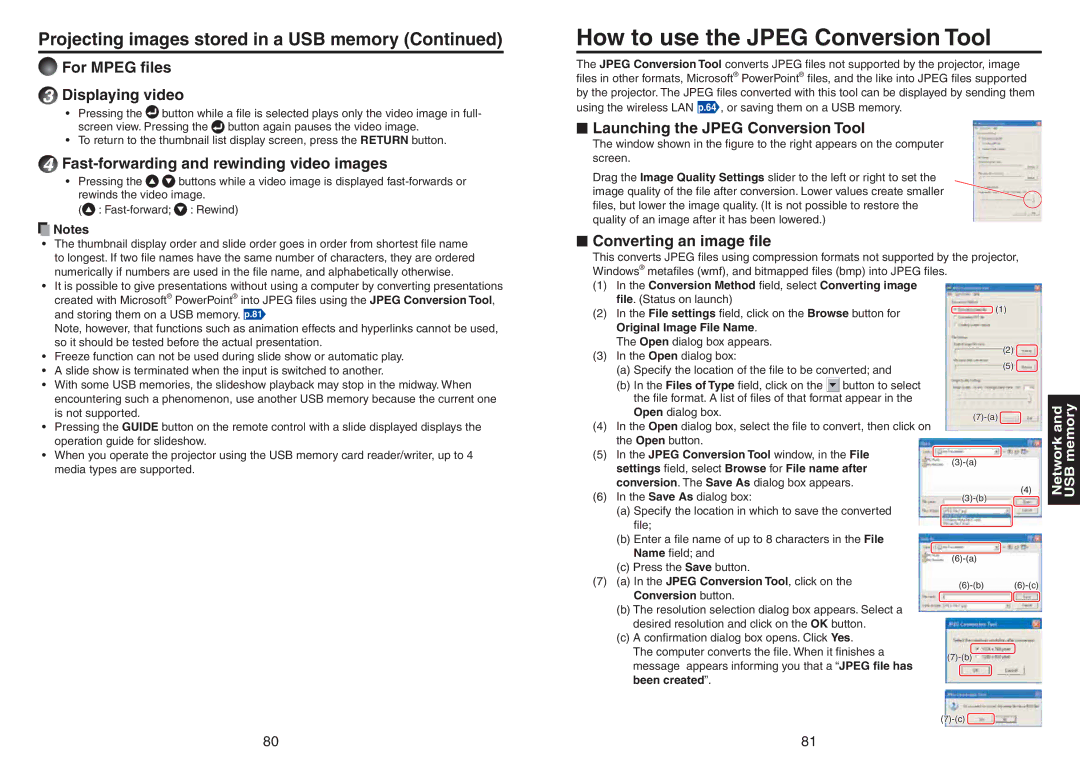 Toshiba TDP-TW420 owner manual How to use the Jpeg Conversion Tool, Projecting images stored in a USB memory 