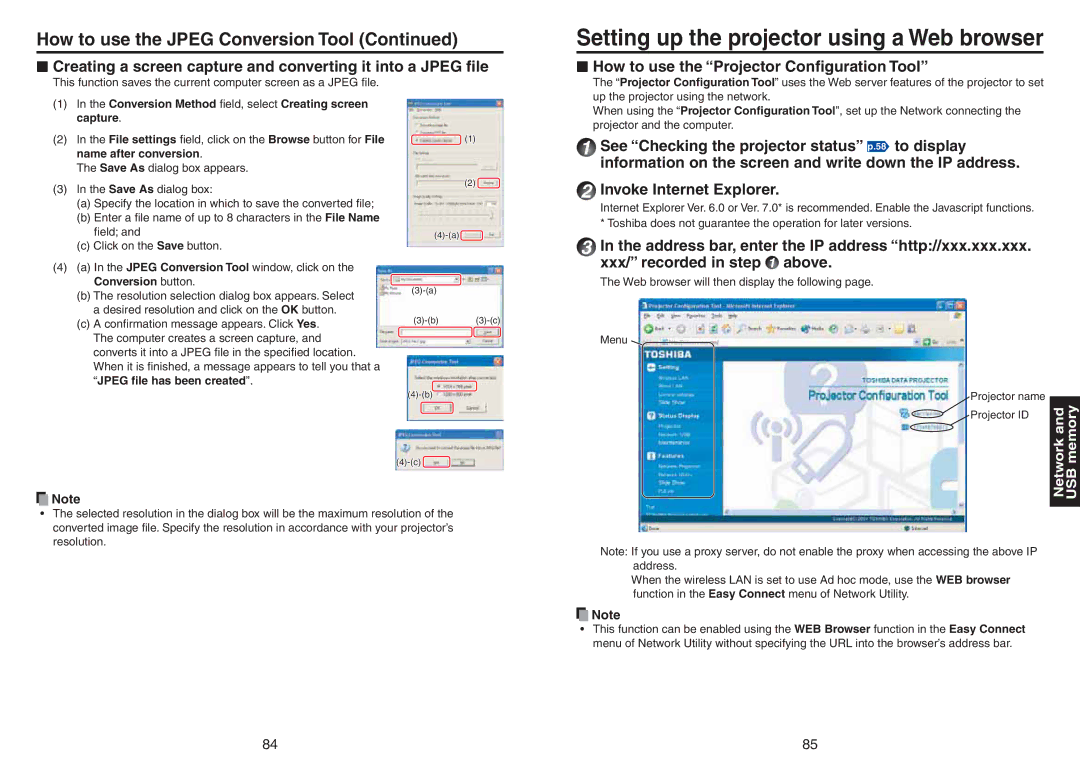 Toshiba TDP-TW420 Creating a screen capture and converting it into a Jpeg ﬁle, How to use the Projector Conﬁguration Tool 