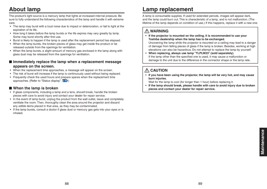 Toshiba TDP-TW420 owner manual About lamp, Lamp replacement, When the lamp is broken 