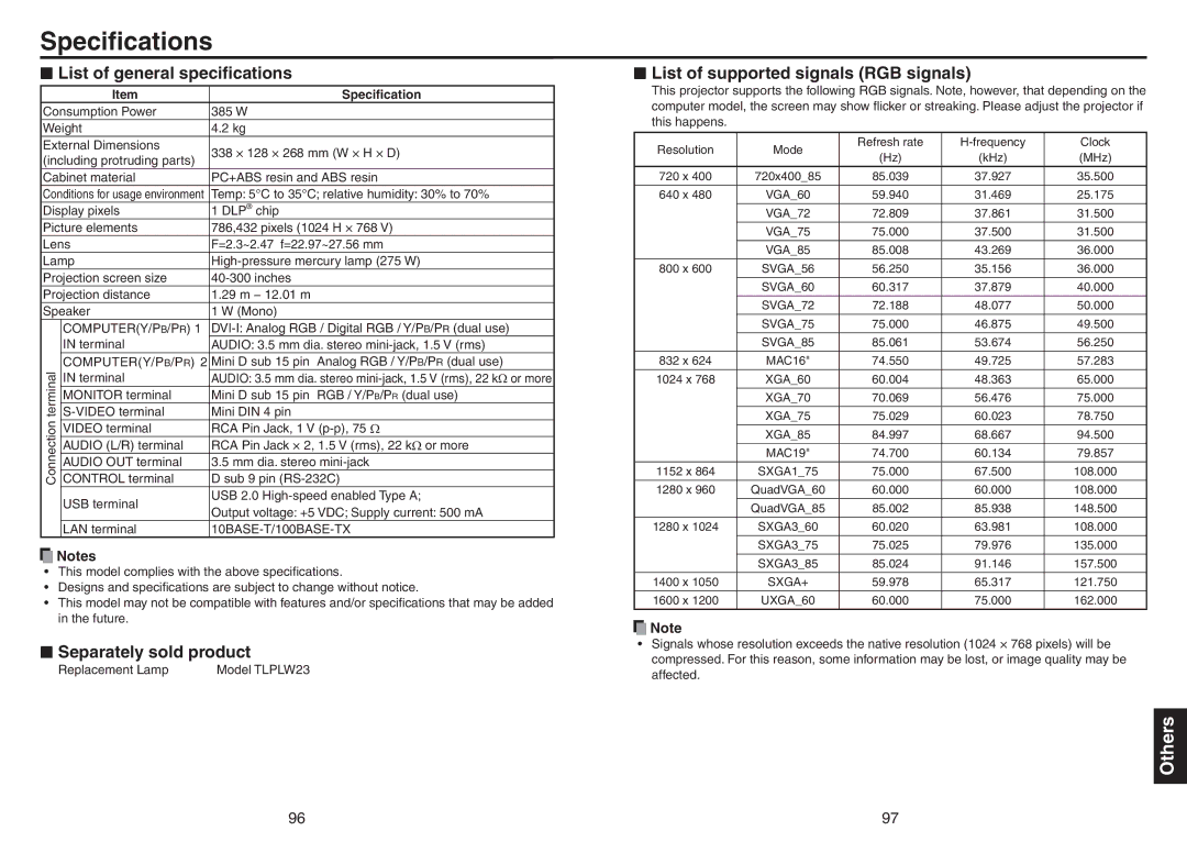 Toshiba TDP-TW420 owner manual Speciﬁcations, List of general speciﬁcations, Separately sold product 