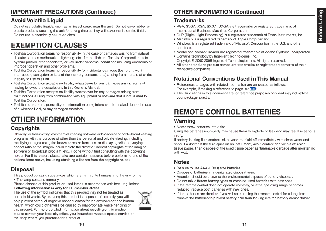 Toshiba TDP-TW420 Important Precautions Avoid Volatile Liquid, Copyrights, Disposal, Other Information, Trademarks 