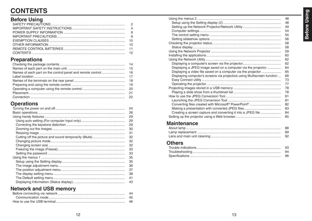 Toshiba TDP-TW420 owner manual Contents 