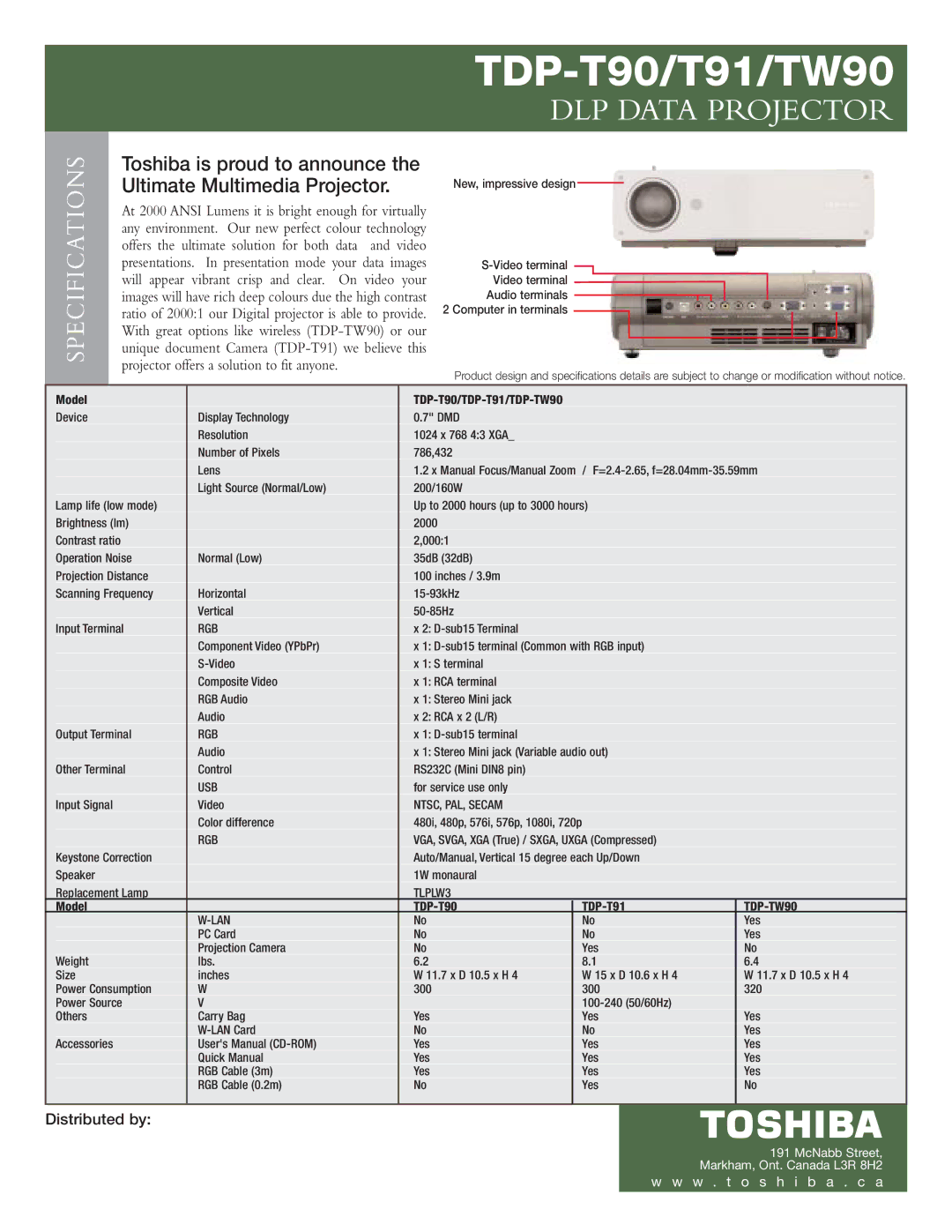 Toshiba TDP-TW90, TDP-T91 manual TDP-T90/T91/TW90, Specifications 