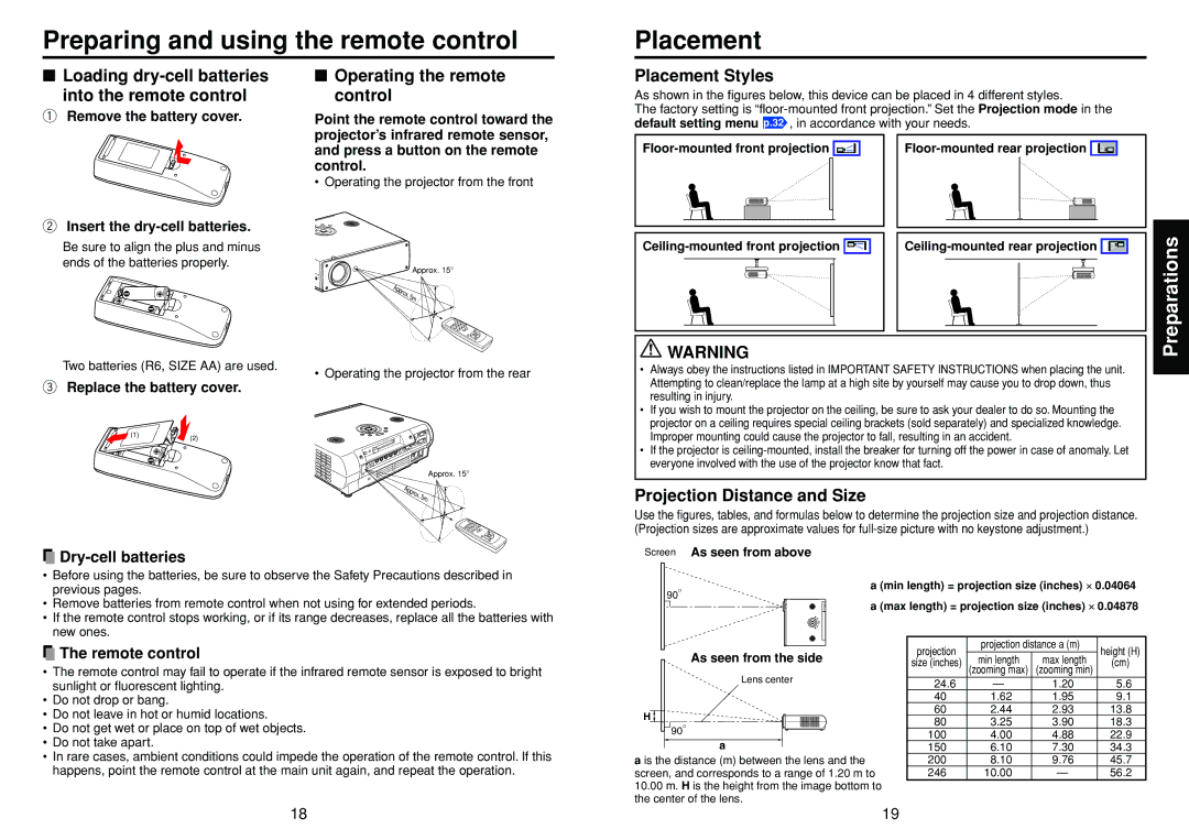 Toshiba TDP-TW90 Preparing and using the remote control Placement, Loading dry-cell batteries Into the remote control 