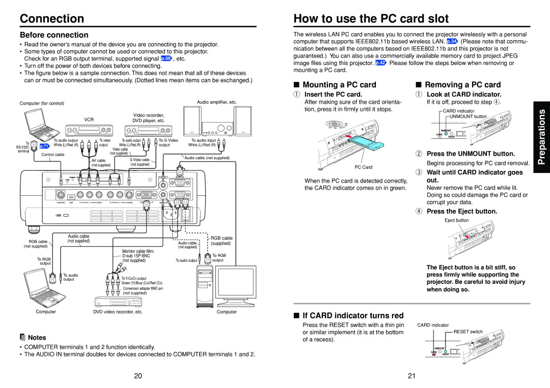 Toshiba TDP-TW90 Connection, How to use the PC card slot, Before connection, Mounting a PC card Removing a PC card 