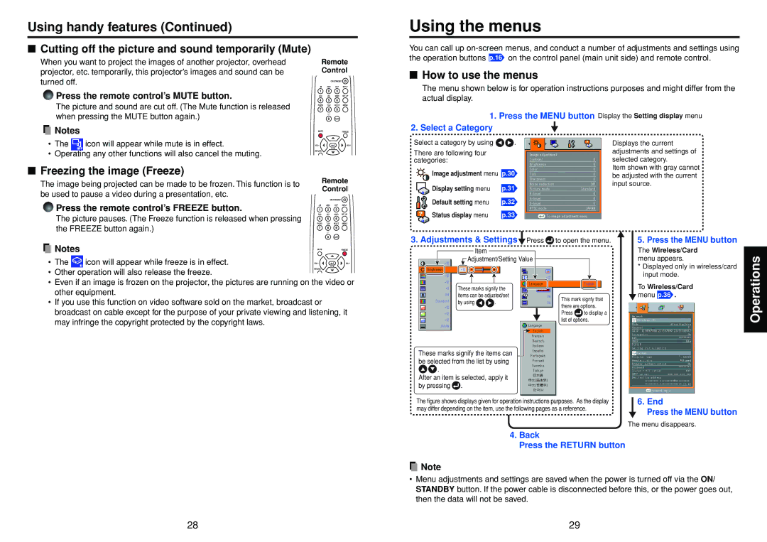 Toshiba TDP-TW90 owner manual Using the menus, Using handy features, Cutting off the picture and sound temporarily Mute 