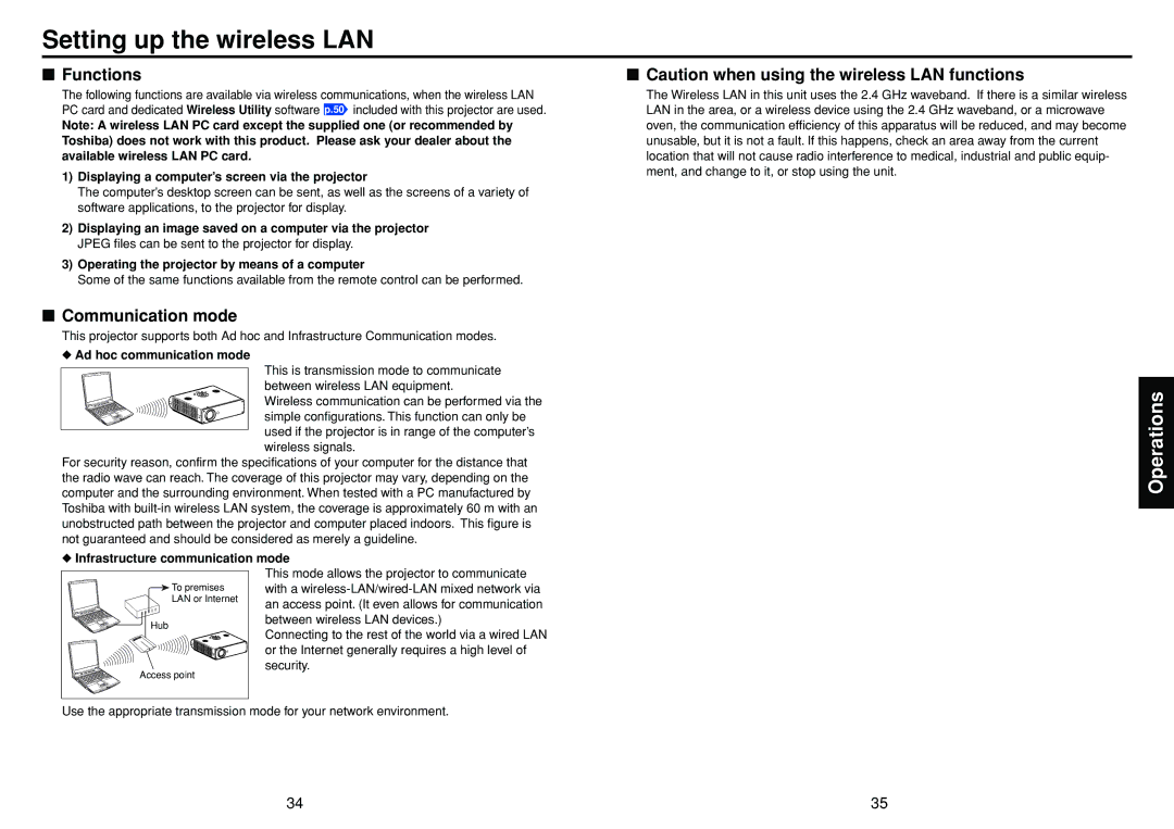 Toshiba TDP-TW90 owner manual Setting up the wireless LAN, Functions, Communication mode 