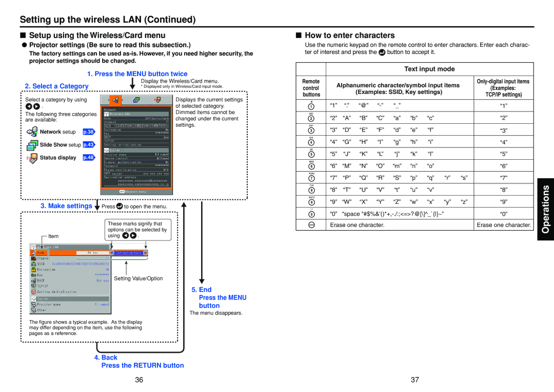 Toshiba TDP-TW90 owner manual Setting up the wireless LAN, Setup using the Wireless/Card menu, How to enter characters 