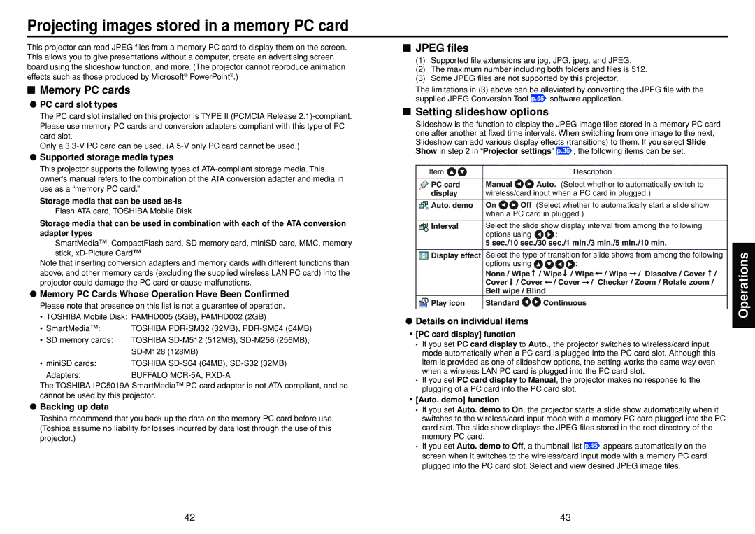 Toshiba TDP-TW90 owner manual Memory PC cards, Jpeg files, Setting slideshow options 