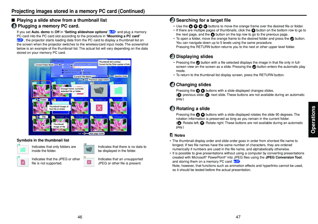 Toshiba TDP-TW90 owner manual Searching for a target file, Displaying slides, Changing slides, Rotating a slide 