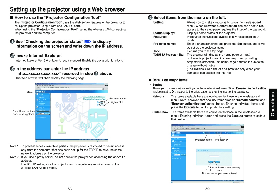 Toshiba TDP-TW90 owner manual How to use the Projector Configuration Tool, Select items from the menu on the left 