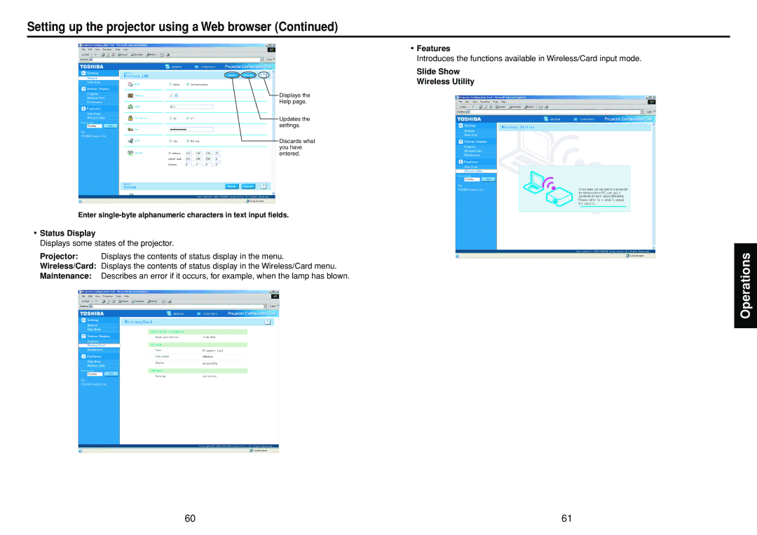 Toshiba TDP-TW90 owner manual Setting up the projector using a Web browser, Slide Show Wireless Utility 