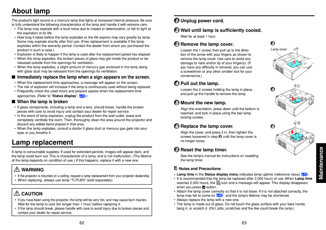 Toshiba TDP-TW90 owner manual About lamp, Lamp replacement 