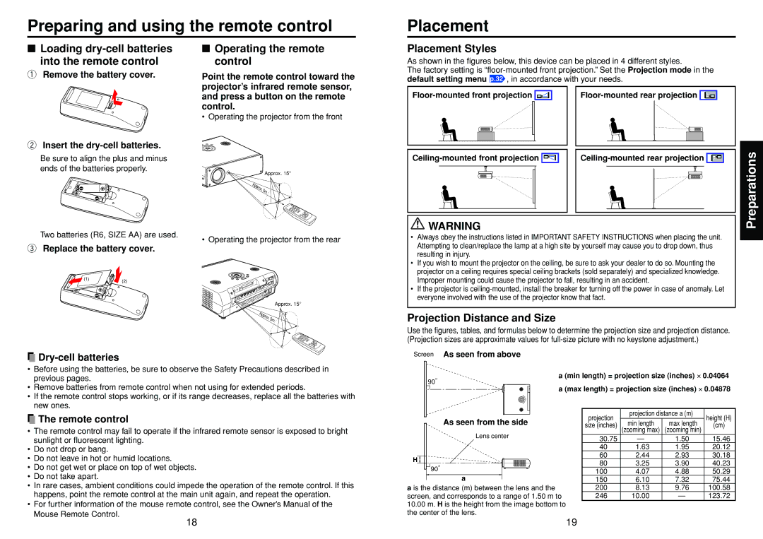 Toshiba TDP-TW90A Preparing and using the remote control Placement, Loading dry-cell batteries Into the remote control 