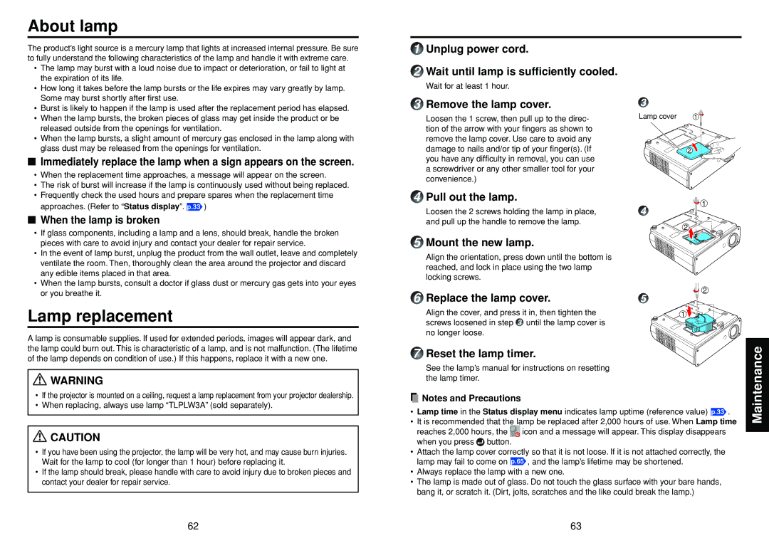 Toshiba TDP-TW90A owner manual About lamp, Lamp replacement 