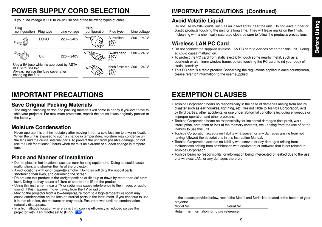 Toshiba TDP-TW90A Important Precautions Avoid Volatile Liquid, Wireless LAN PC Card, Save Original Packing Materials 