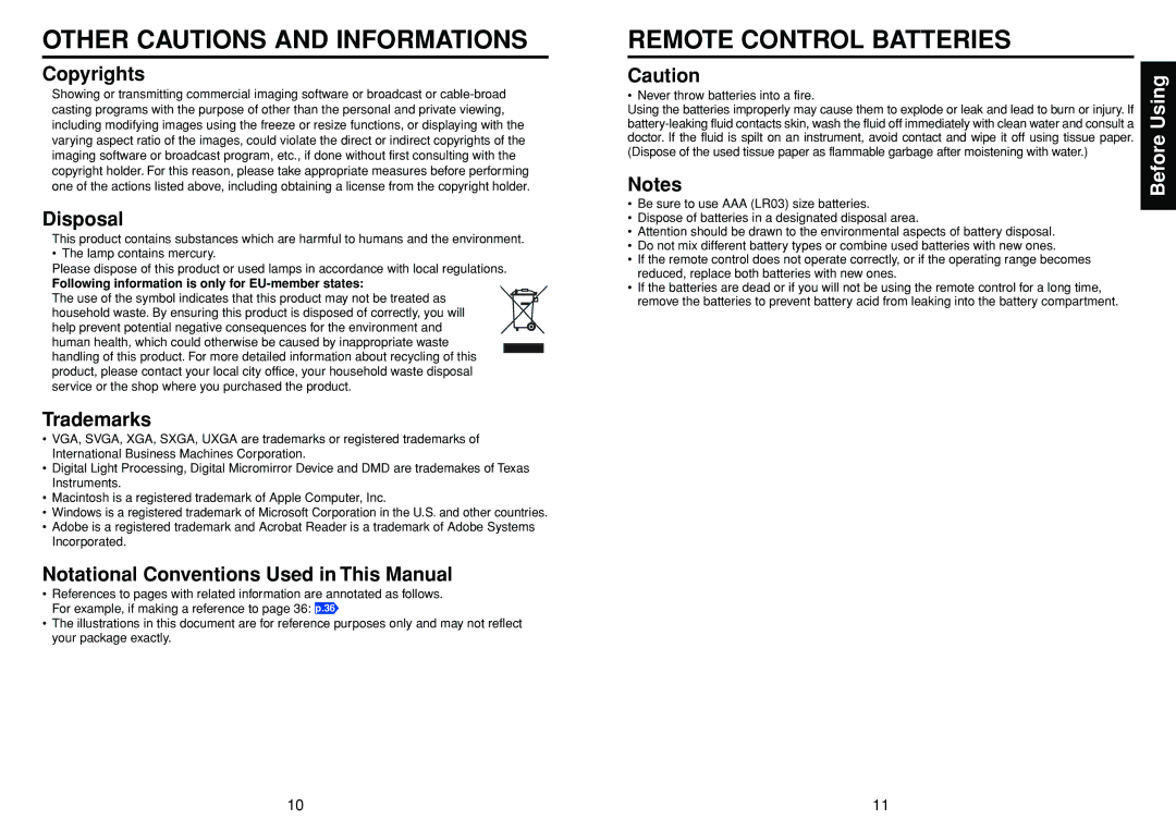 Toshiba TDP-TW90A owner manual Copyrights, Disposal, Trademarks, Notational Conventions Used in This Manual 