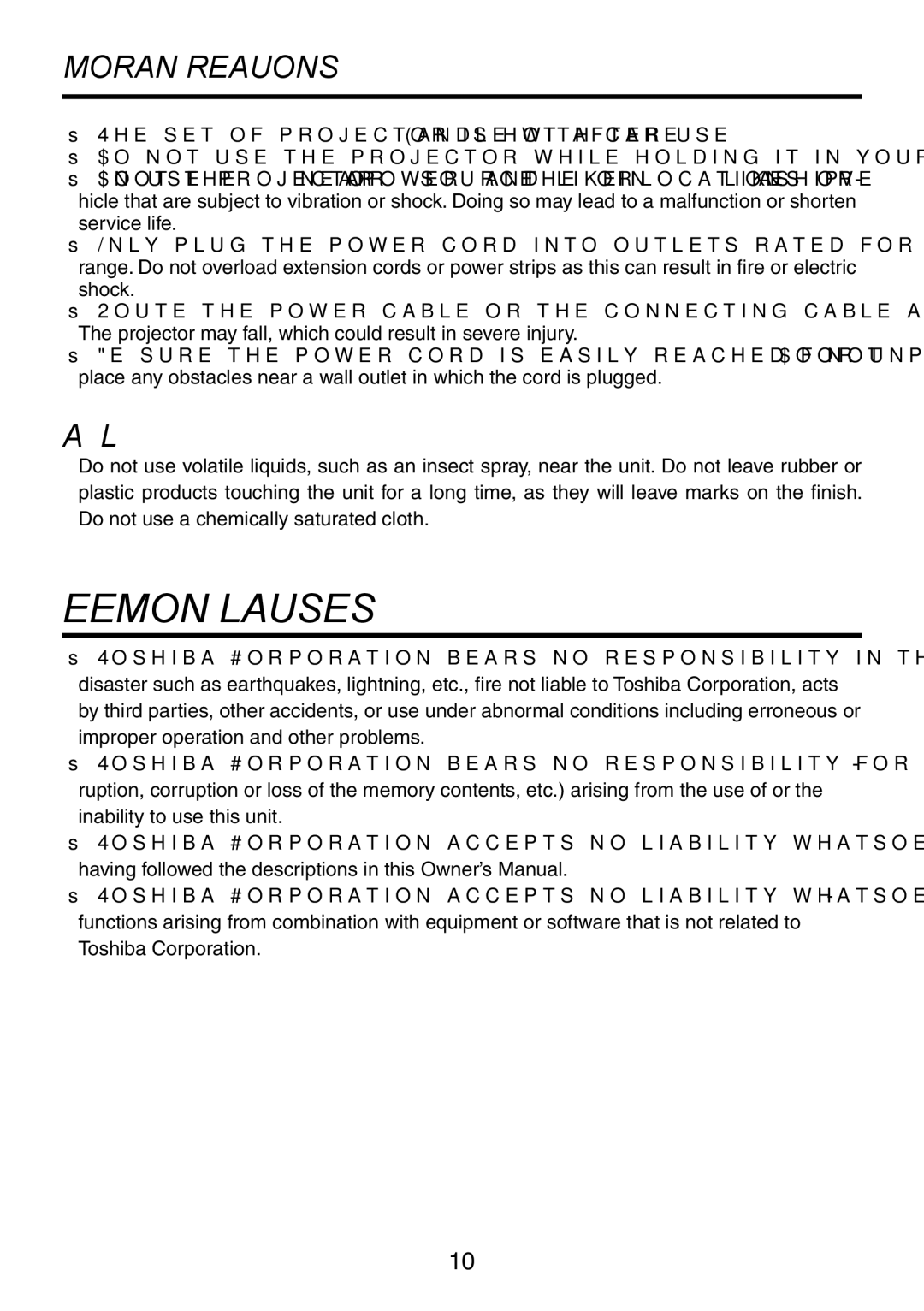 Toshiba TDP-XP1 manual Exemption Clauses, Important Precautions, Avoid Volatile Liquid 