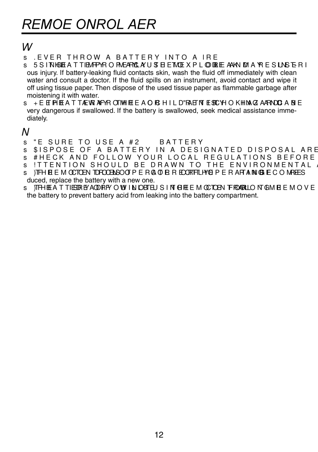 Toshiba TDP-XP1 manual Remote Control Battery 