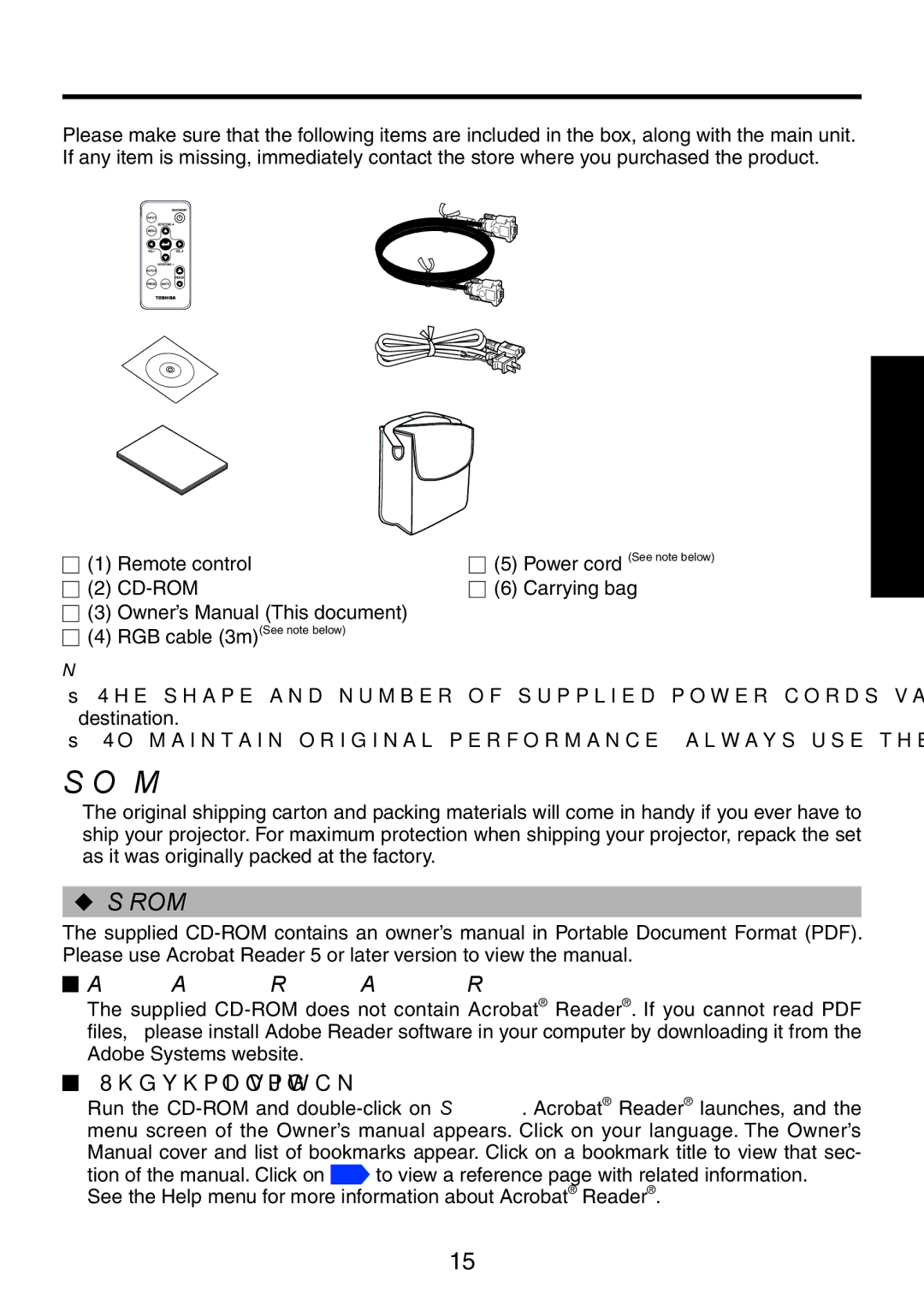 Toshiba TDP-XP1 manual Checking the package contents 