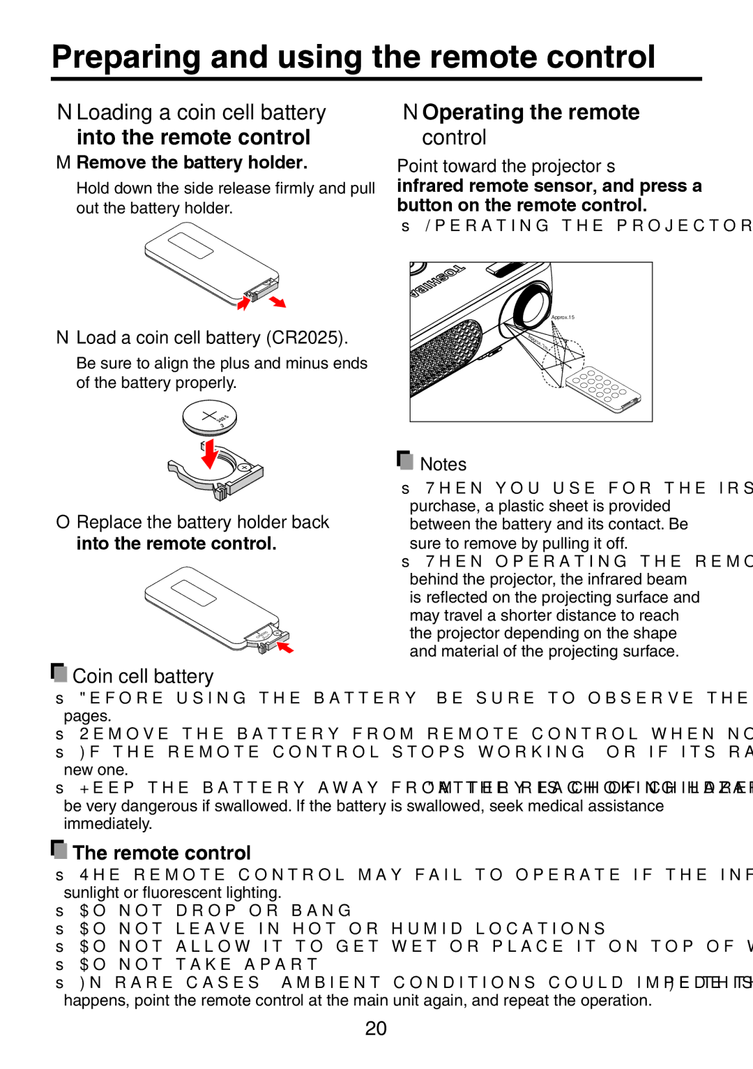 Toshiba TDP-XP1 manual Preparing and using the remote control, Loading a coin cell battery Into the remote control 