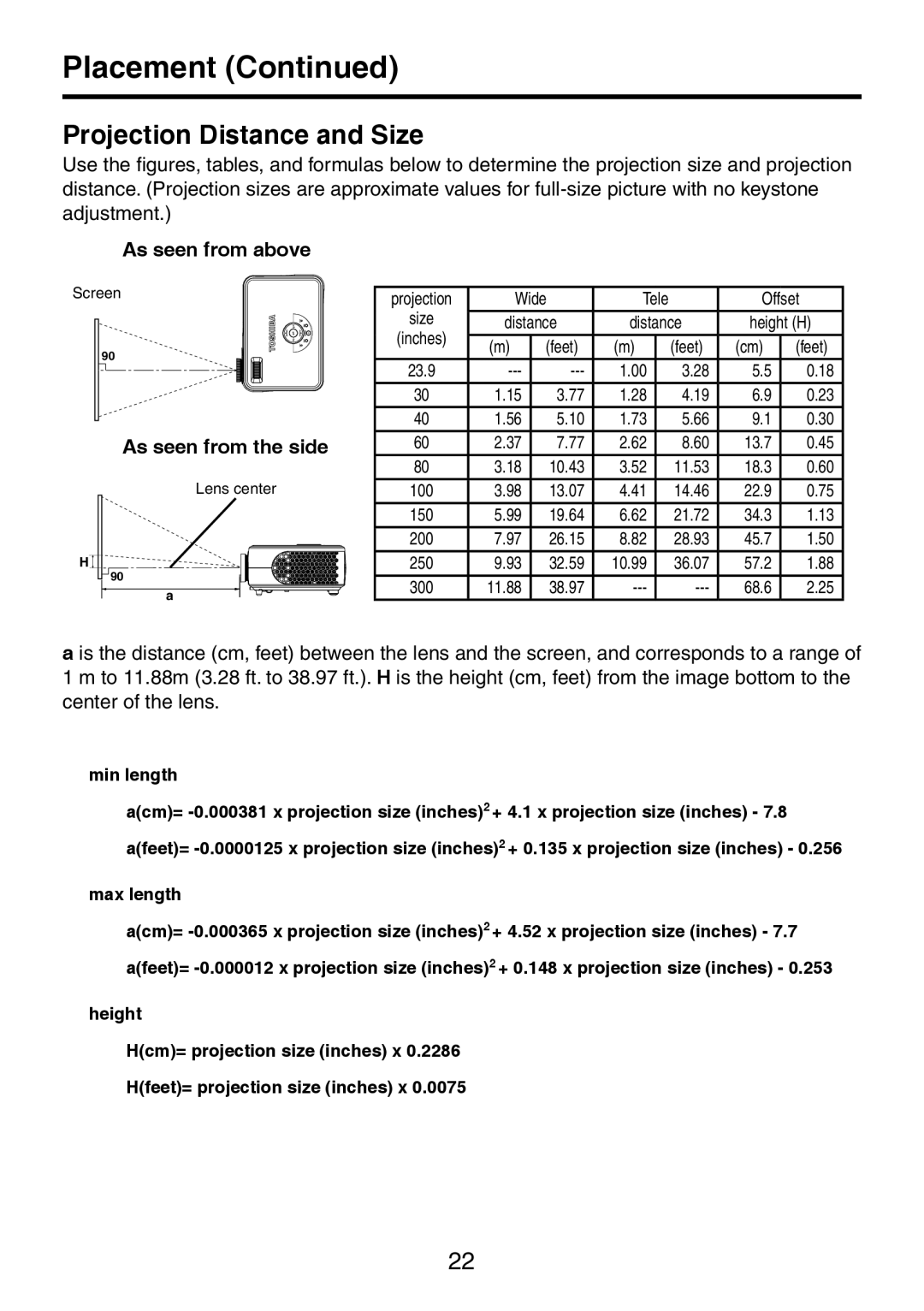 Toshiba TDP-XP1 manual Placement, Projection Distance and Size, As seen from above, As seen from the side 