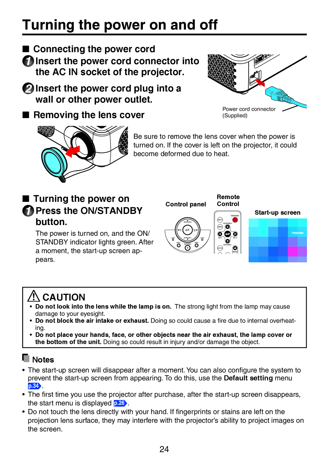 Toshiba TDP-XP1 manual Turning the power on and off, Press the ON/STANDBY, Button 