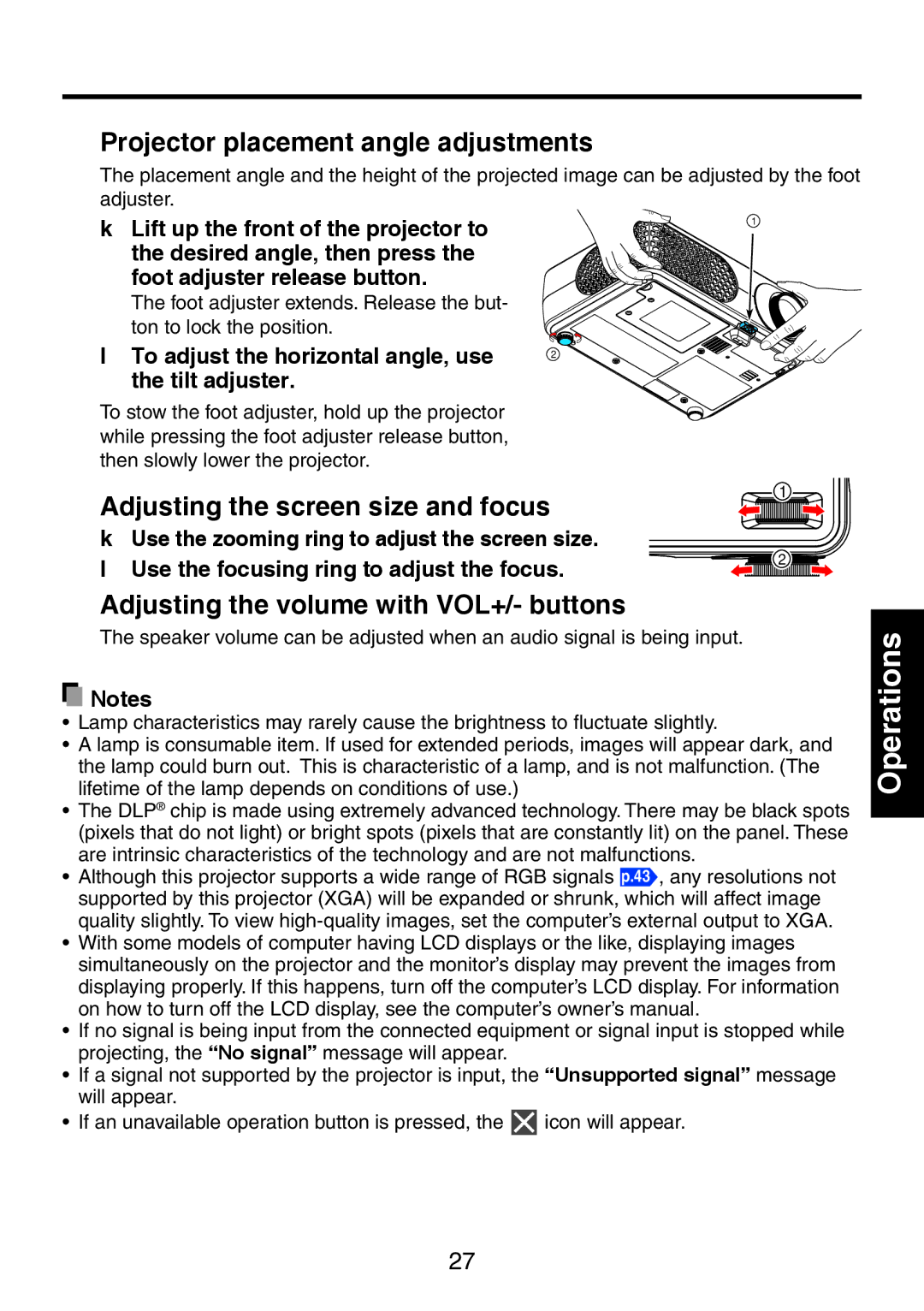 Toshiba TDP-XP1 manual Projector placement angle adjustments, Adjusting the screen size and focus 