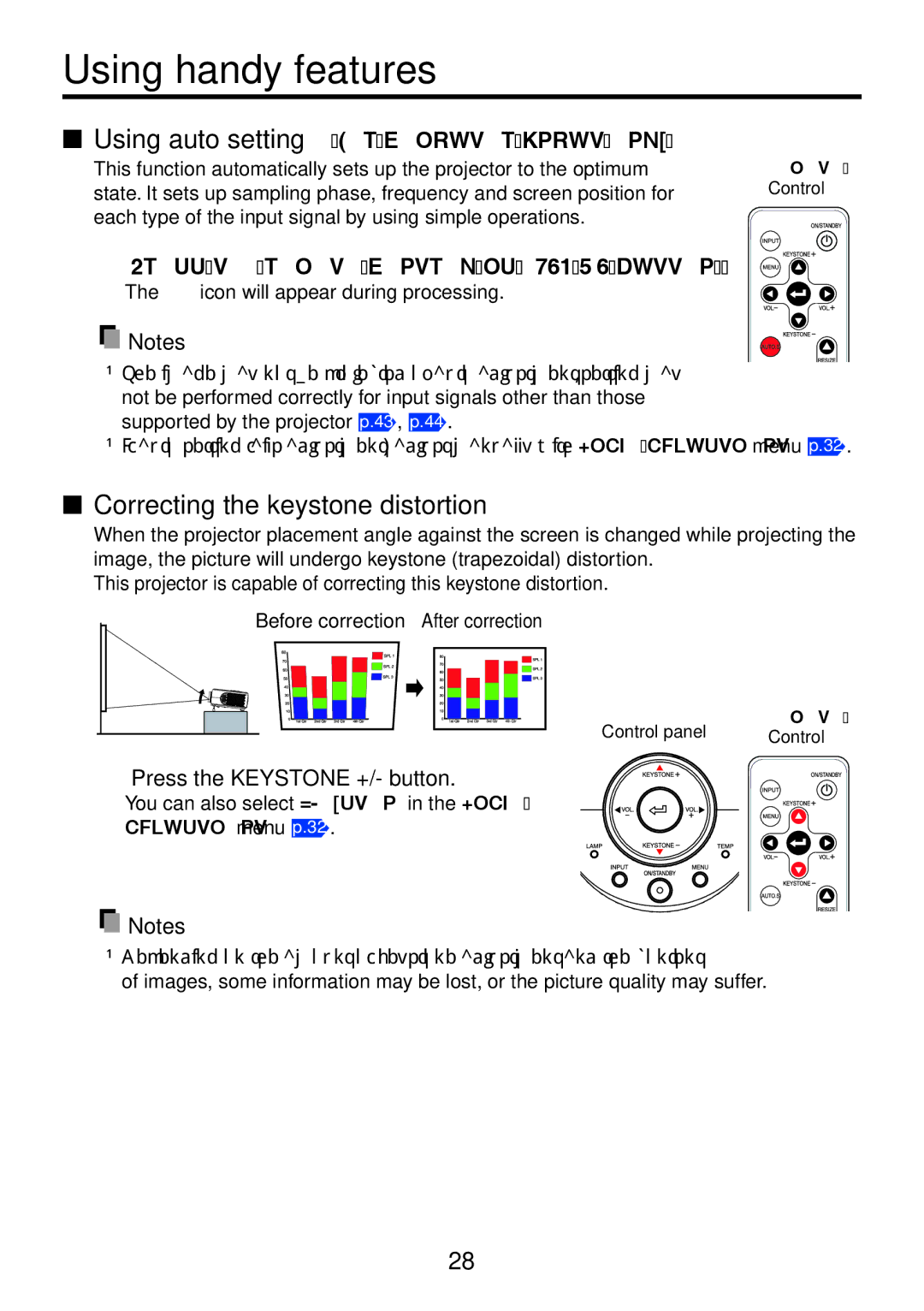 Toshiba TDP-XP1 manual Using handy features, Correcting the keystone distortion, Using auto setting For computer input only 