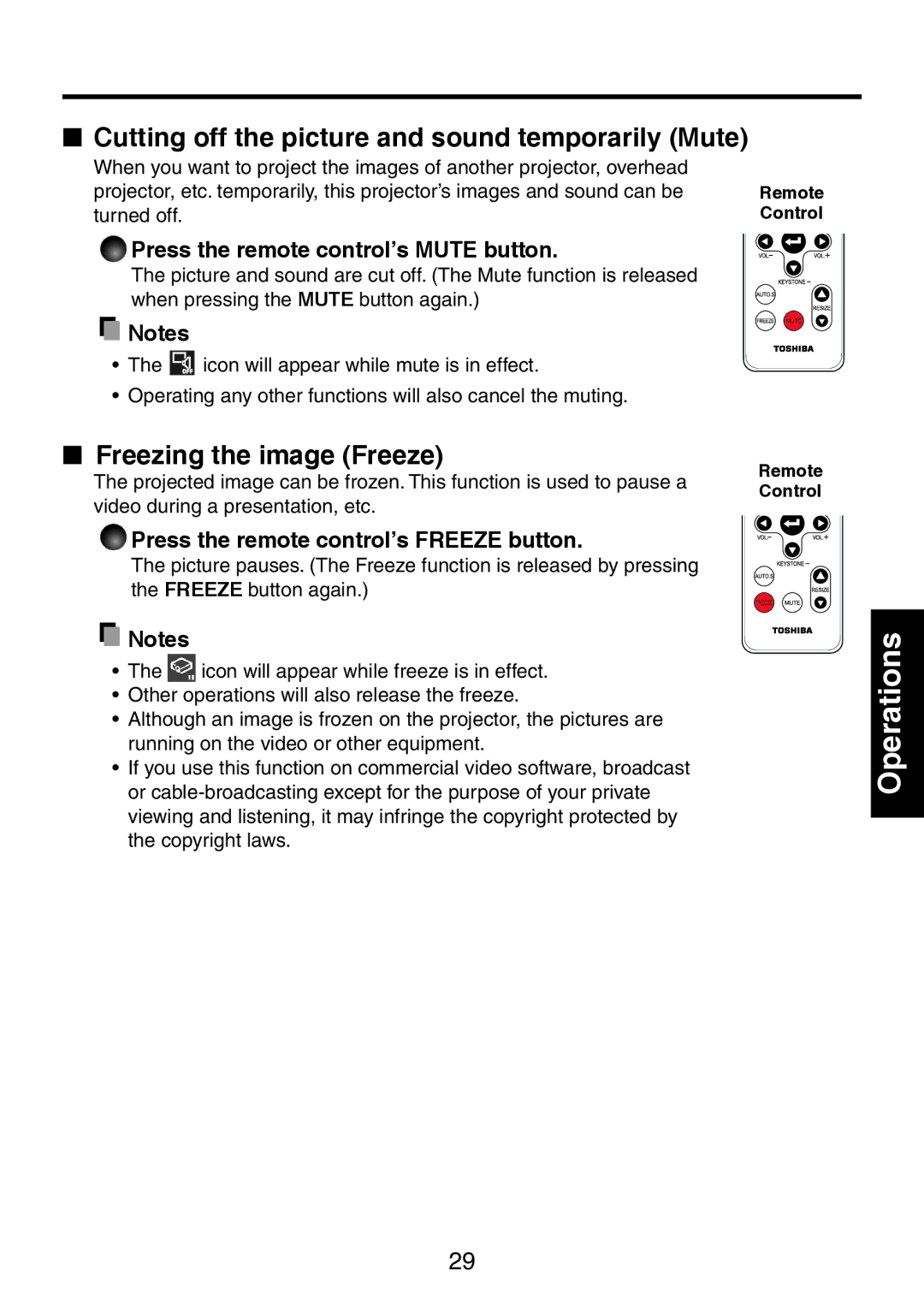 Toshiba TDP-XP1 manual Cutting off the picture and sound temporarily Mute, Freezing the image Freeze 