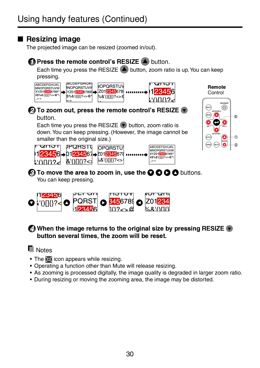 Toshiba TDP-XP1 manual Using handy features, Resizing image, Press the remote control’s Resize button 