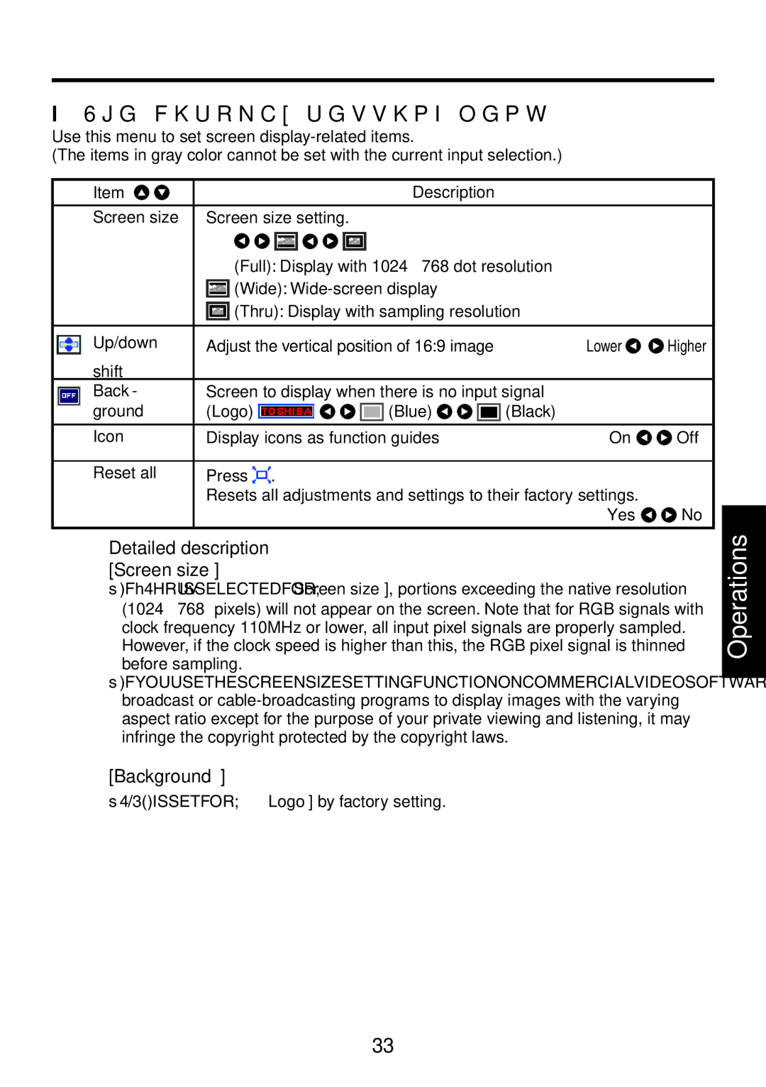 Toshiba TDP-XP1 manual Display setting menu, Detailed description Screen size, Background 