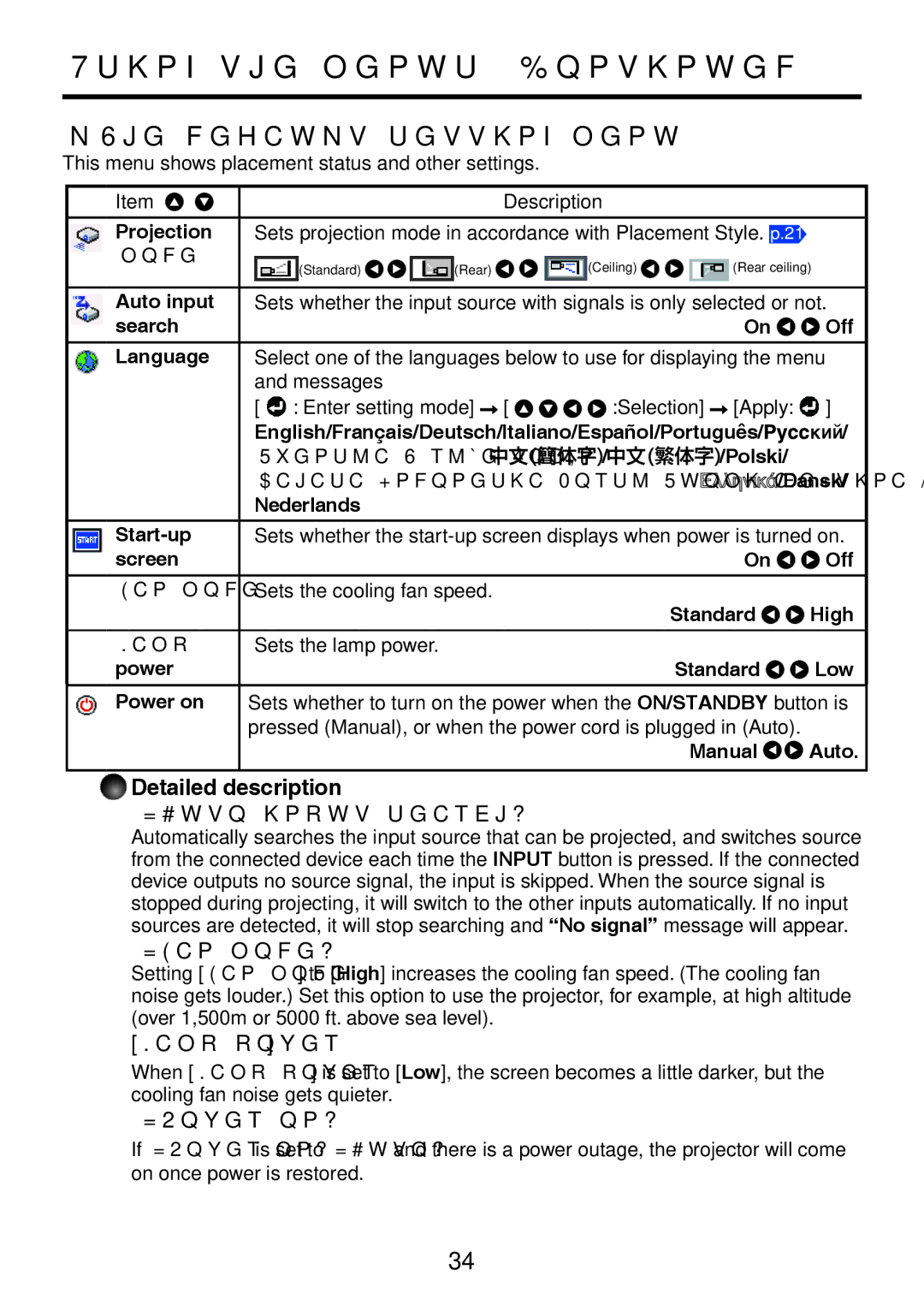 Toshiba TDP-XP1 manual Default setting menu, Detailed description Auto input search, Fan mode, Lamp power, Power on 