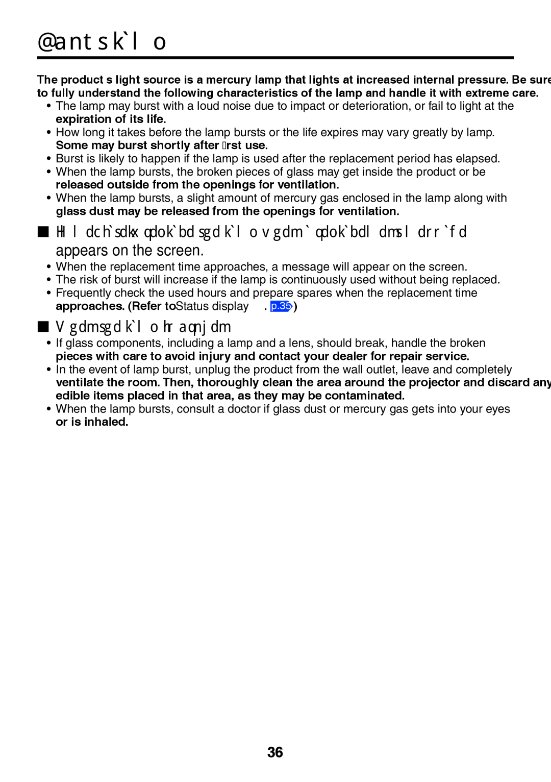 Toshiba TDP-XP1 manual About lamp, When the lamp is broken 