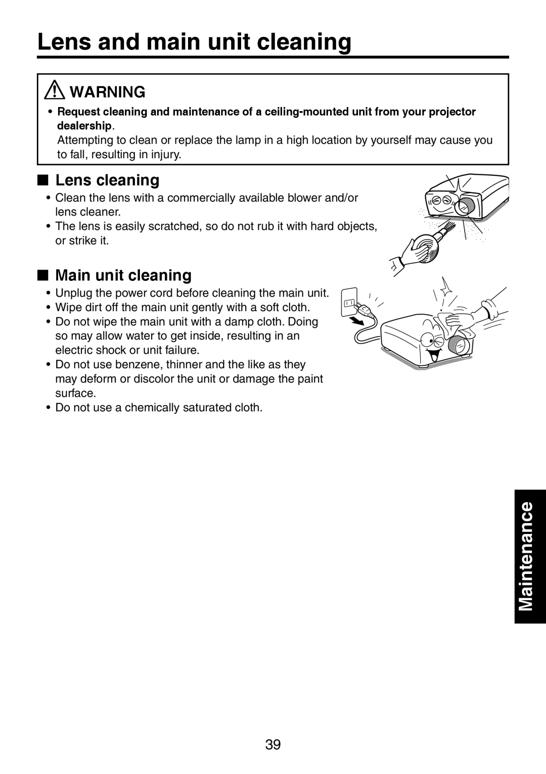 Toshiba TDP-XP1 manual Lens and main unit cleaning, Lens cleaning, Main unit cleaning 