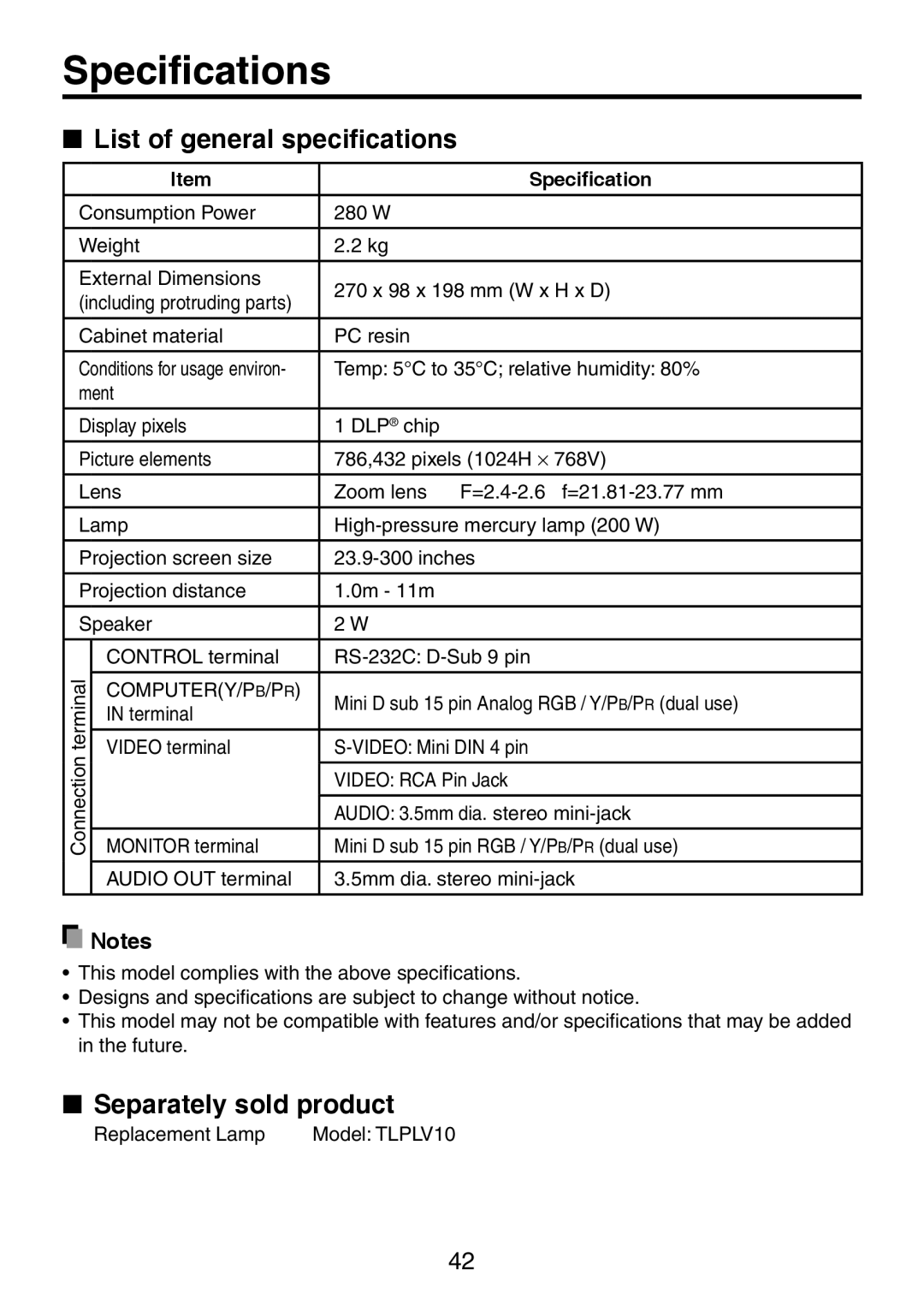 Toshiba TDP-XP1 manual Specifications, List of general specifications, Separately sold product 