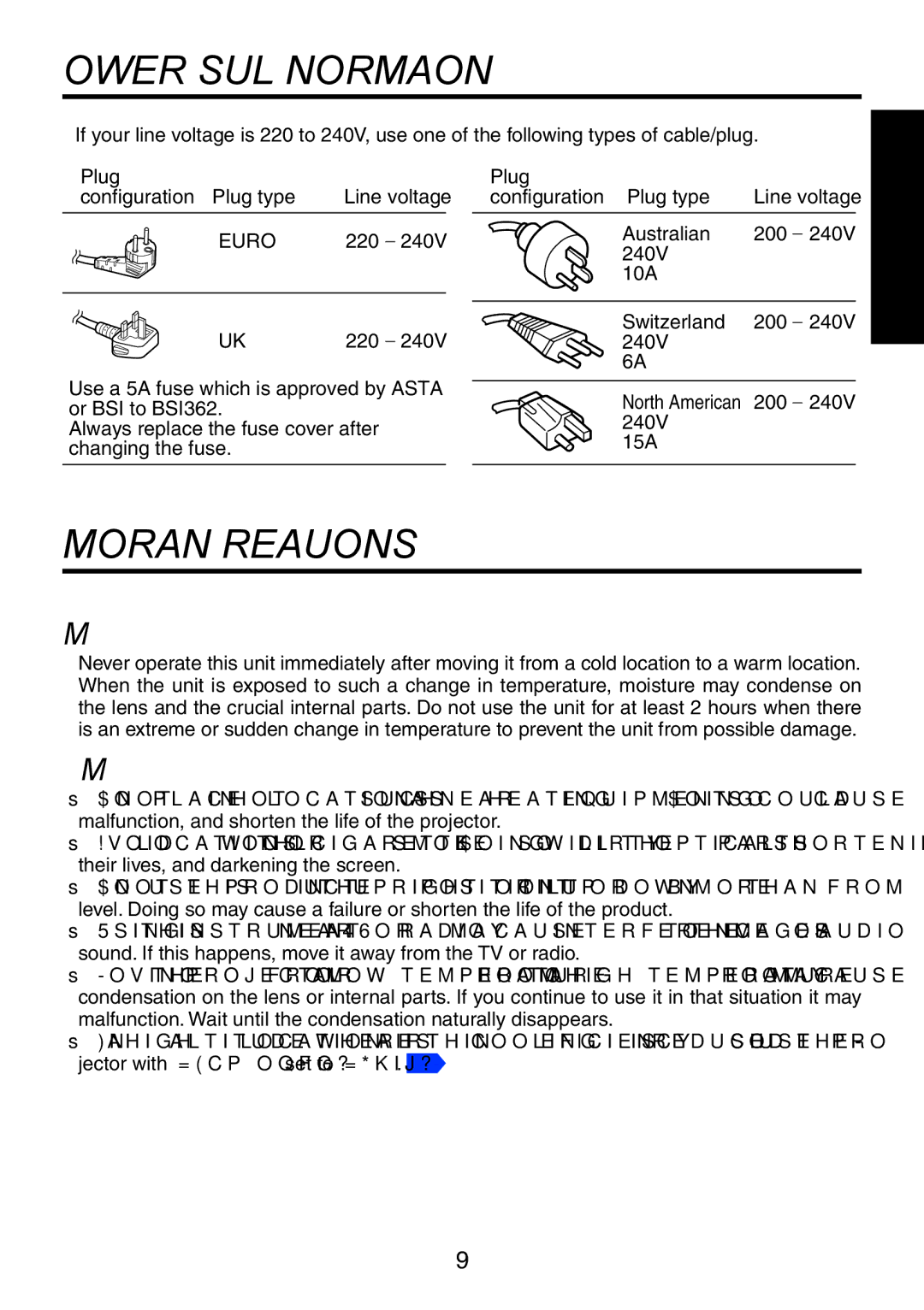 Toshiba TDP-XP1 Power Supply Information, Important Precautions, Moisture Condensation, Place and Manner of Installation 