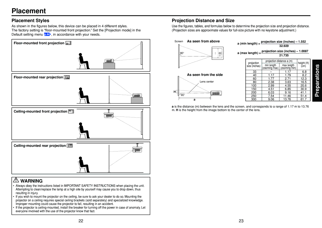 Toshiba TDPTW300 owner manual Placement Styles, Projection Distance and Size, As seen from above, As seen from the side 