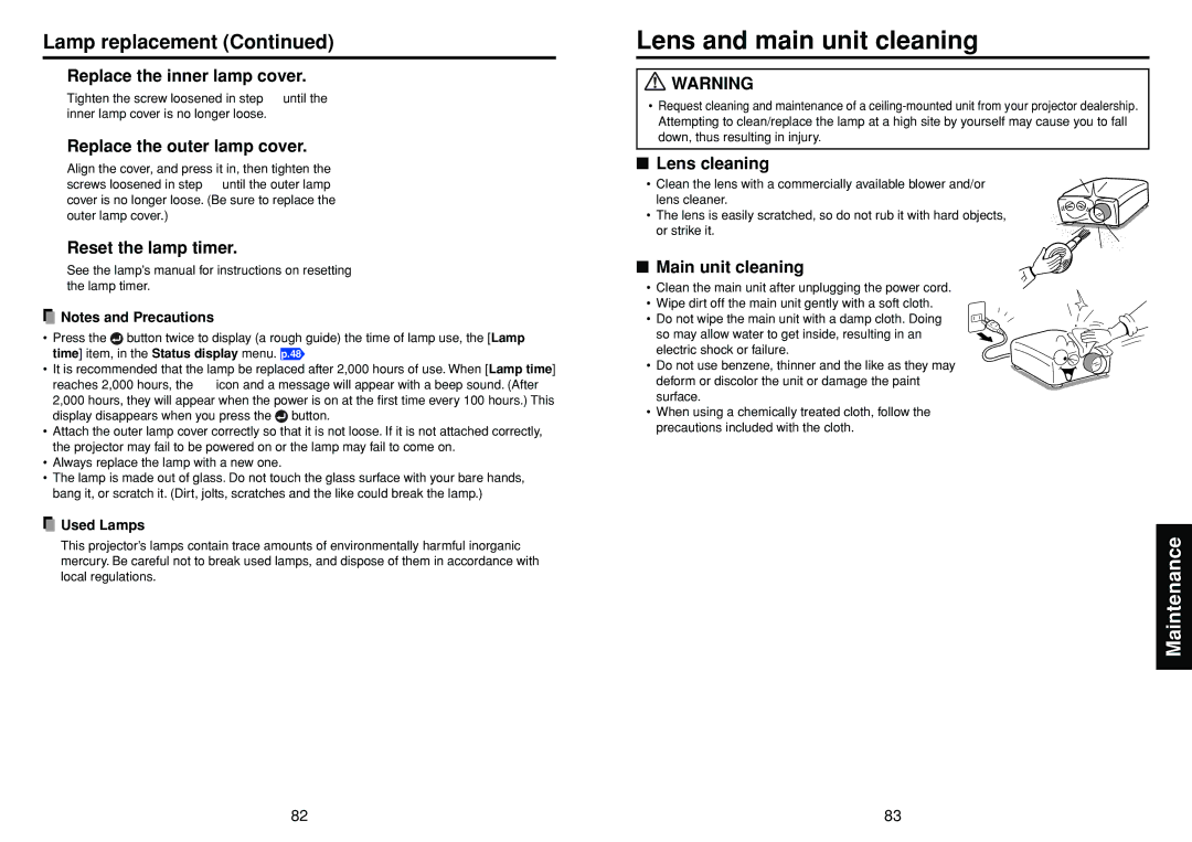 Toshiba TDPTW300 owner manual Lens and main unit cleaning 