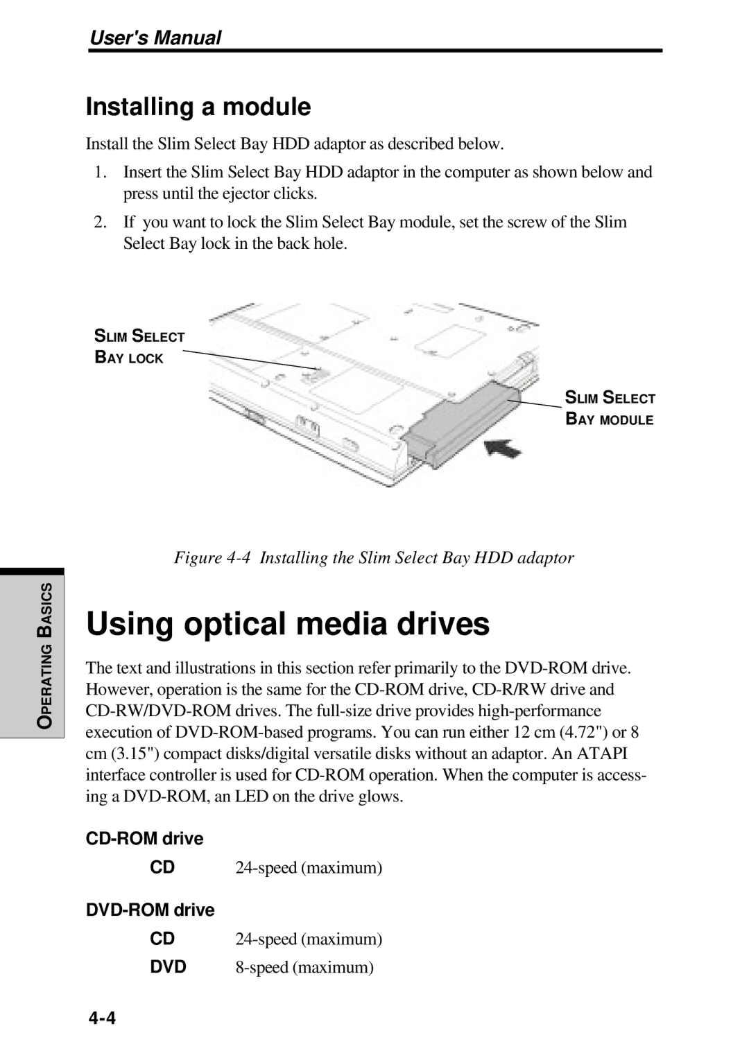 Toshiba TE2000 manual Using optical media drives, Installing a module, CD-ROM drive, DVD-ROM drive 