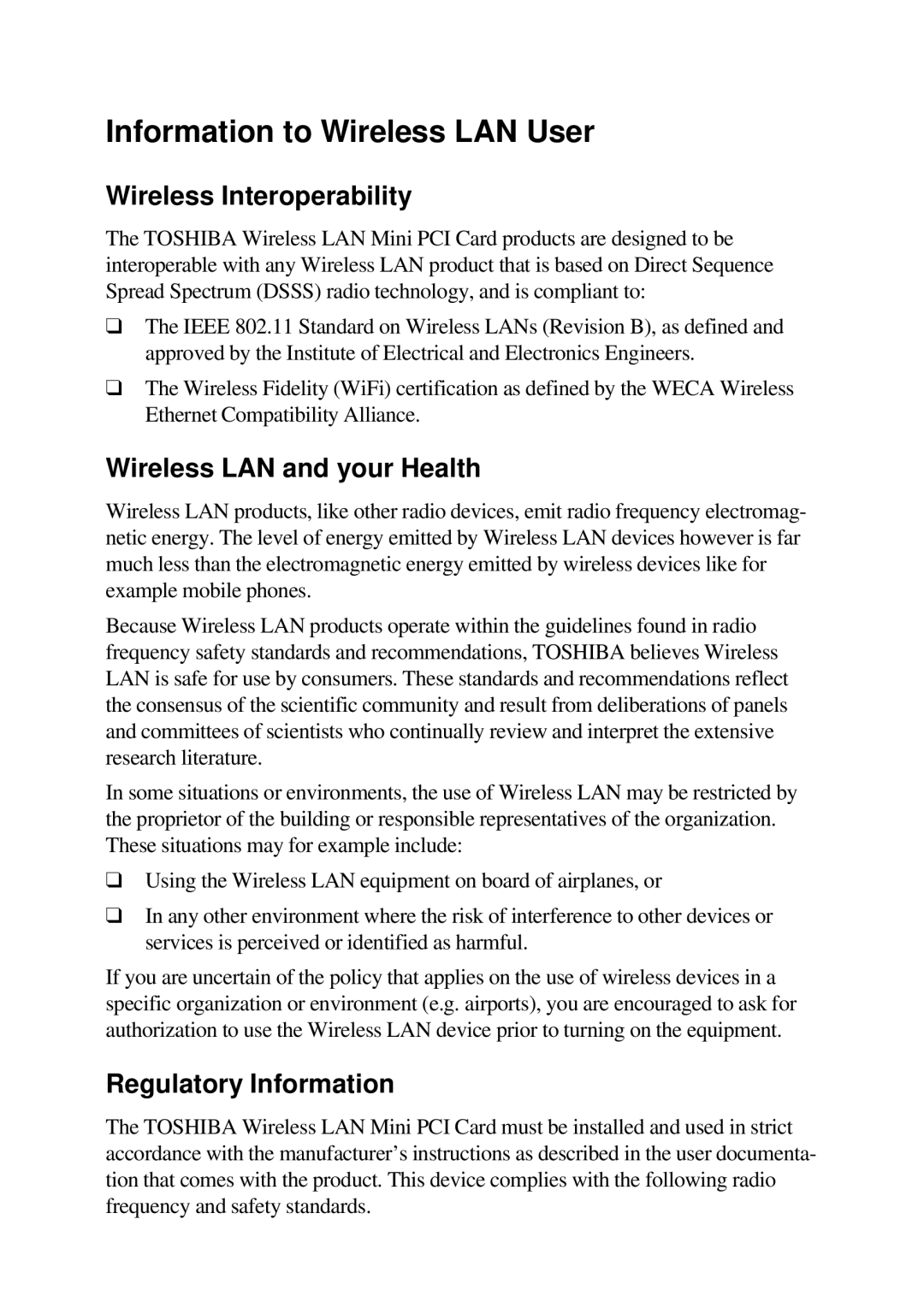 Toshiba TE2000 manual Information to Wireless LAN User, Wireless Interoperability, Wireless LAN and your Health 