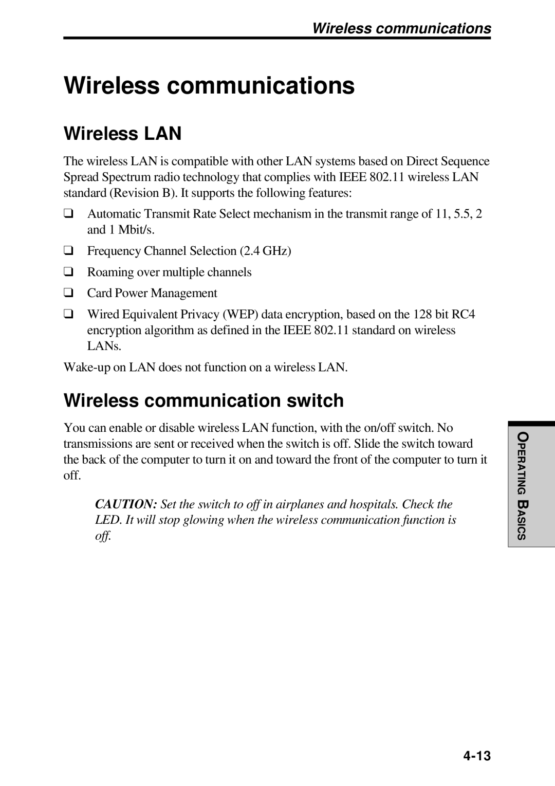 Toshiba TE2000 manual Wireless communications, Wireless LAN, Wireless communication switch 