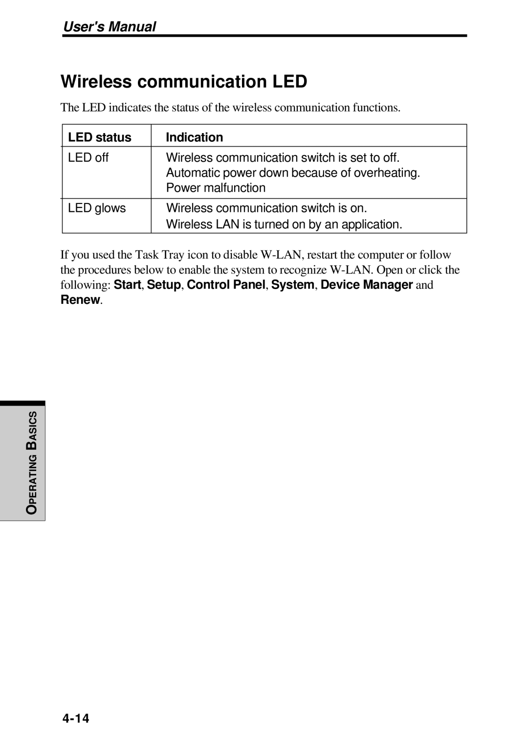 Toshiba TE2000 manual Wireless communication LED, LED status Indication 