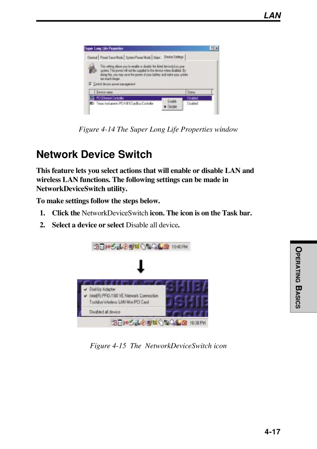 Toshiba TE2000 manual Network Device Switch, The Super Long Life Properties window 