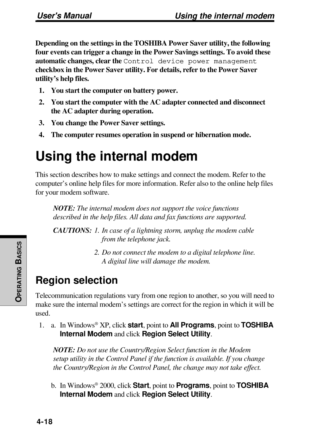 Toshiba TE2000 manual Using the internal modem, Region selection 