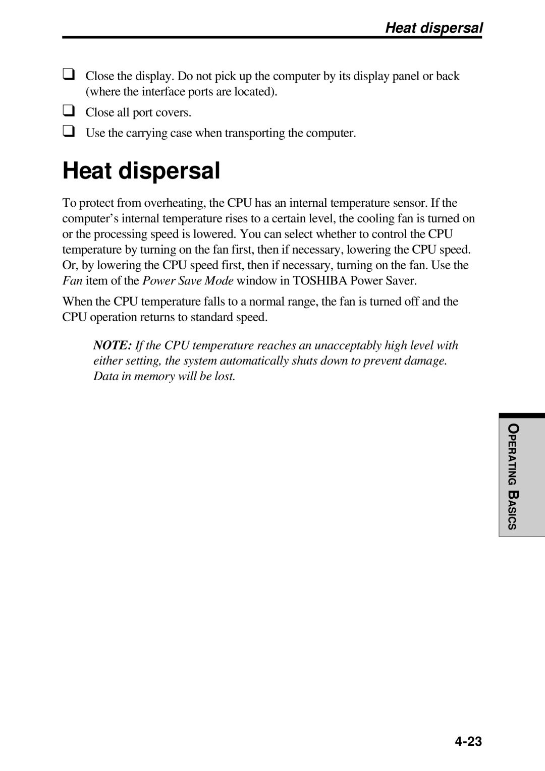 Toshiba TE2000 manual Heat dispersal 