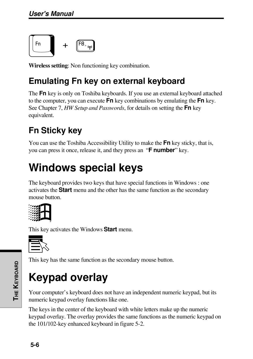 Toshiba TE2000 manual Windows special keys, Keypad overlay, Emulating Fn key on external keyboard, Fn Sticky key 