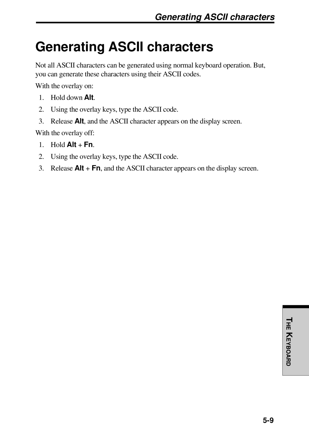 Toshiba TE2000 manual Generating Ascii characters 