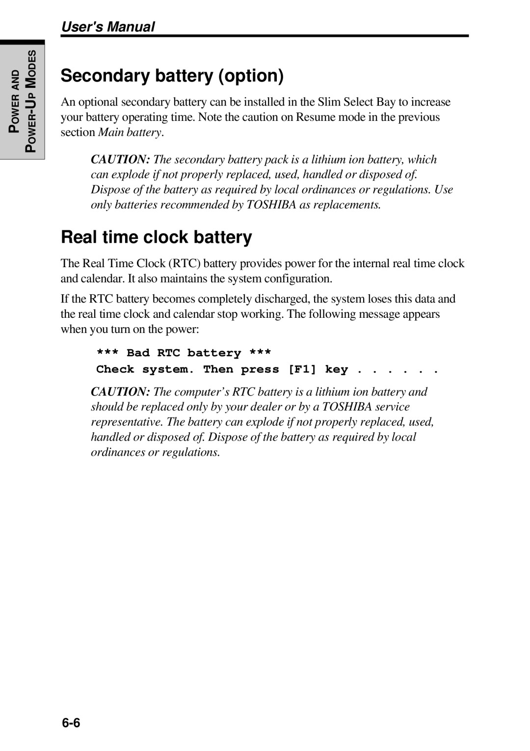 Toshiba TE2000 manual Secondary battery option, Real time clock battery 